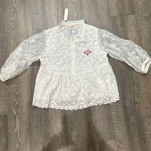 Elegant White Lace Blouse with Red Embroidery